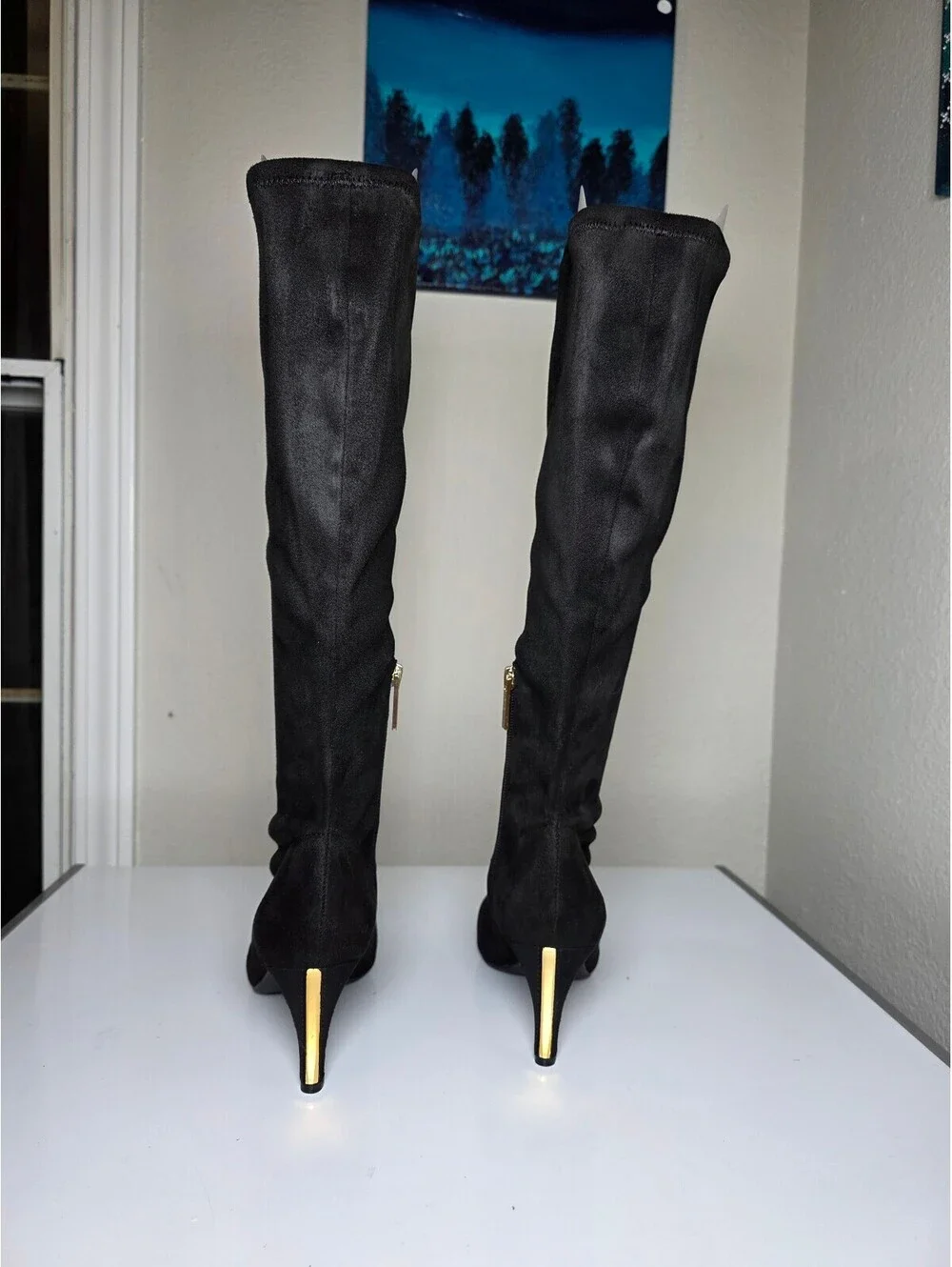 BCBGeneration Black Suede Gold Zipper Gold Kitten Heel Knee High Boots Size 6.5M